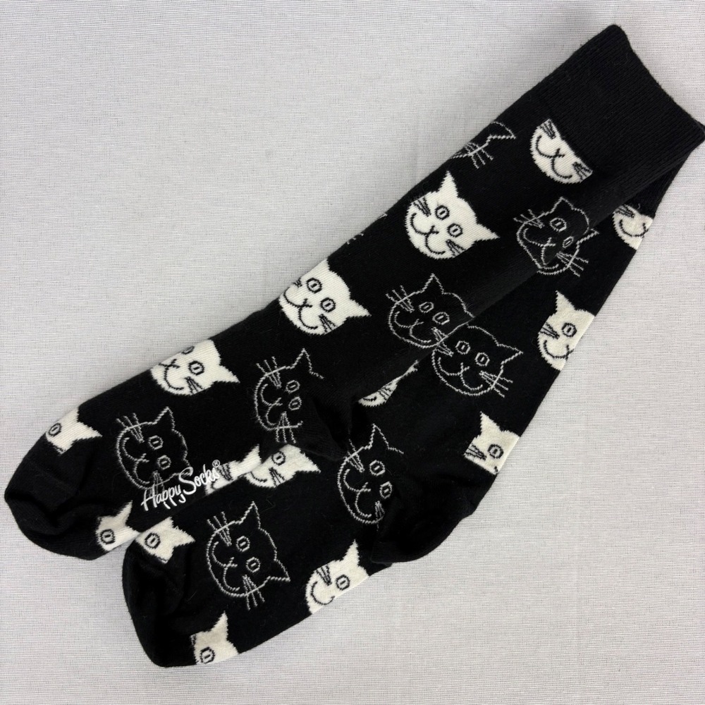 Happy Socks Cat Face Socks Black & White Size 6-9 Shoe Organic Cotton Funky